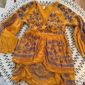 Anthropologie Mustard Yellow Dress with Purple Floral Embroidery